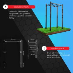Infografica della struttura per monkey bar da esterno con disegni tecnici, dimensioni, portata fino a 150 kg e indicazione della costruzione stabile