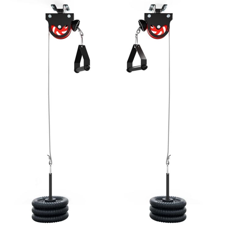 Deux poulies pivotantes de plafond avec poignées individuelles et disques de musculation chargés