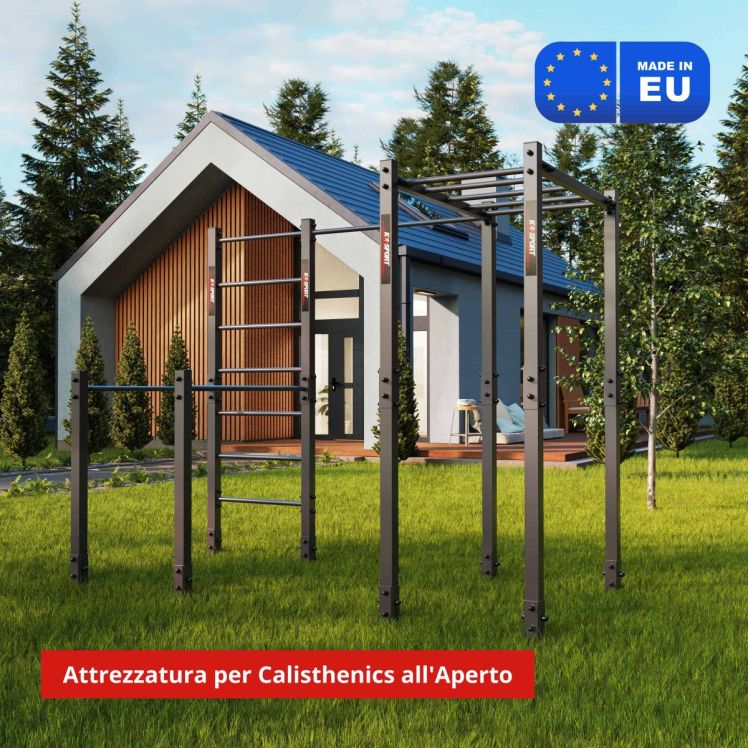 Attrezzo calisthenics da esterno in giardino accanto a una casa moderna, con barra per trazioni e monkey bars, Made in EU
