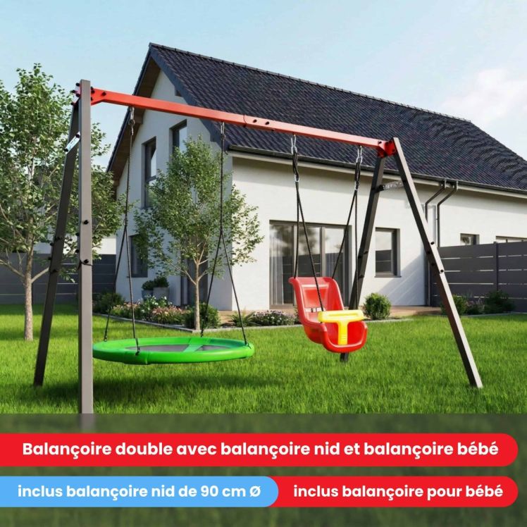 Balançoire double en métal résistante aux intempéries avec balançoire nid et balançoire bébé dans le jardin devant une maison moderne