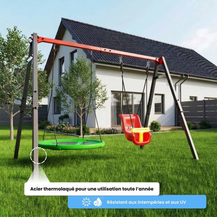 Balançoire double en métal dans le jardin avec structure résistante aux UV et aux intempéries pour une utilisation toute l’année