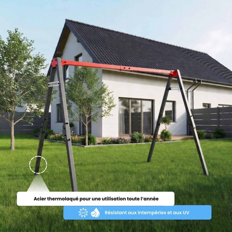 Structure métallique dans le jardin avec indication d’acier thermolaqué et résistance aux intempéries