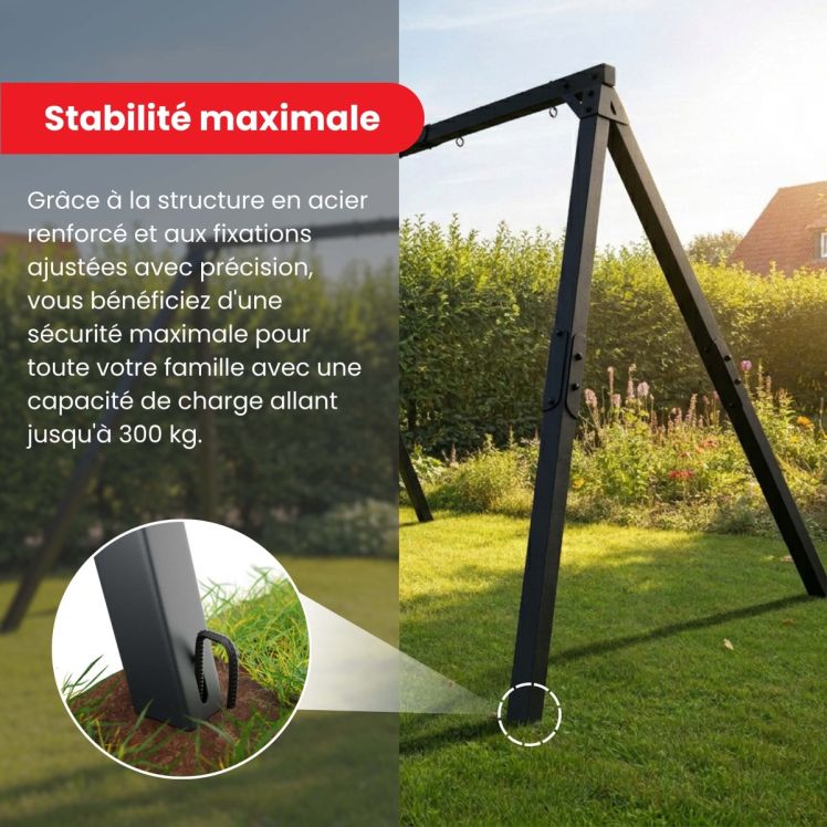 Portique de balançoire en métal robuste avec ancrage au sol et haute capacité de charge