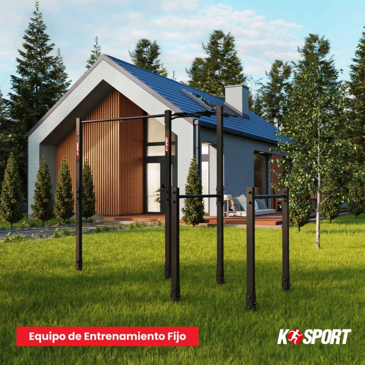 Estructura de exterior con barra de dominadas y monkey bar en el jardín de una vivienda moderna, ejemplo de uso al aire libre