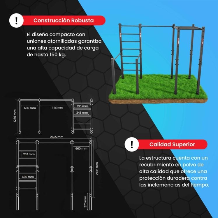 Infografía del equipo de calistenia exterior con dimensiones, capacidad de carga hasta 150 kg y estructura robusta de acero