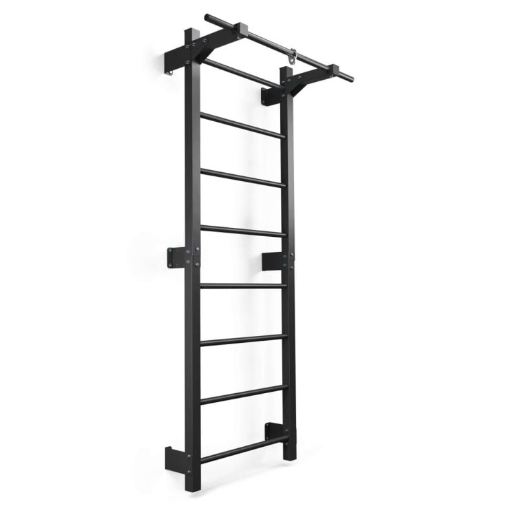Spalliera fitness in metallo nero con barra per trazioni integrata per montaggio a parete in home gym