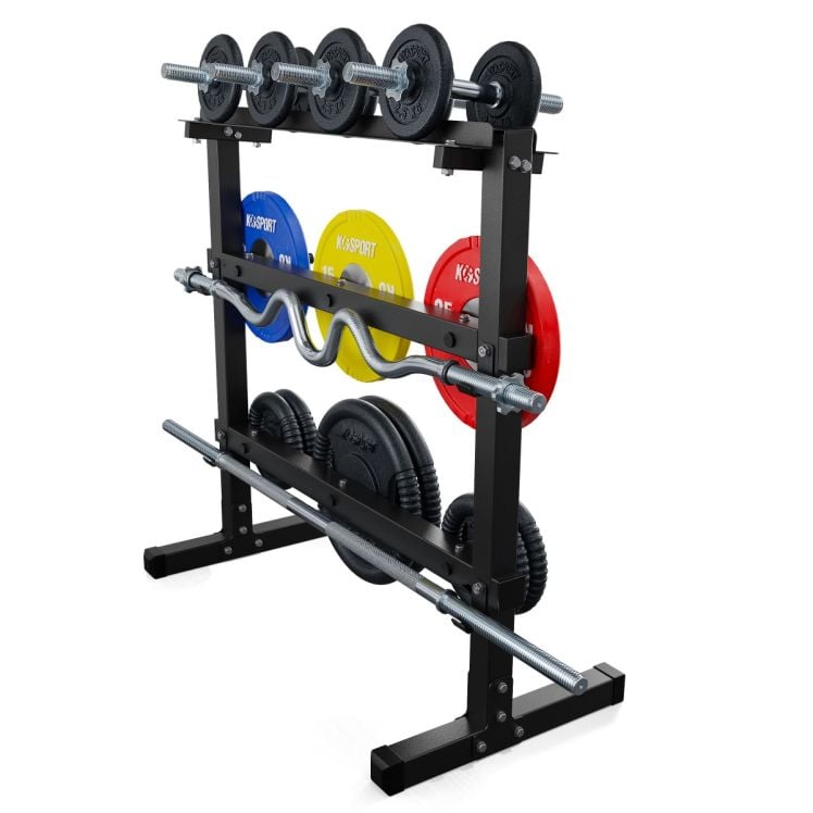 Vue arrière d’un support de musculation avec porte-disques et crochets pour barre et accessoires fitness