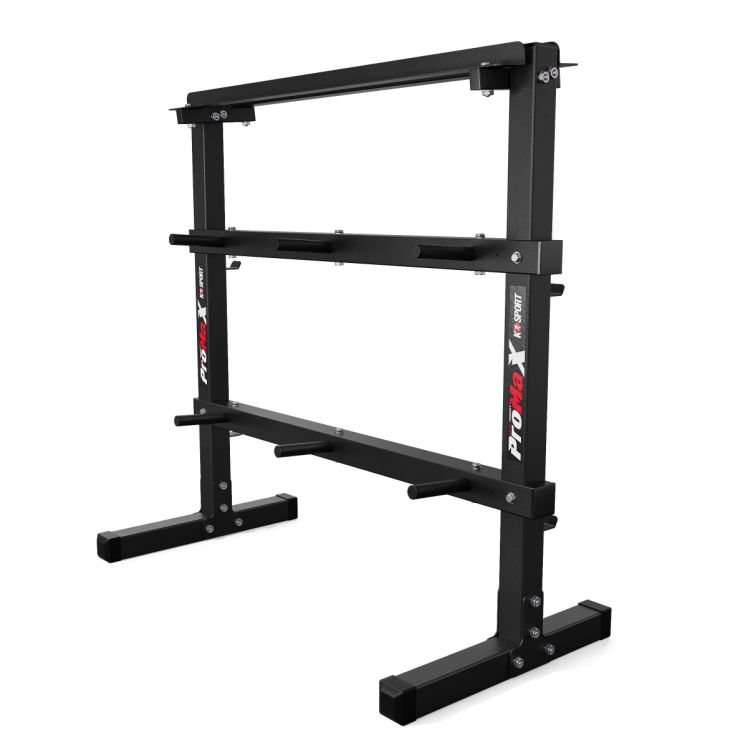 Support complet avec barre, haltères et disques pour une organisation optimale du home gym