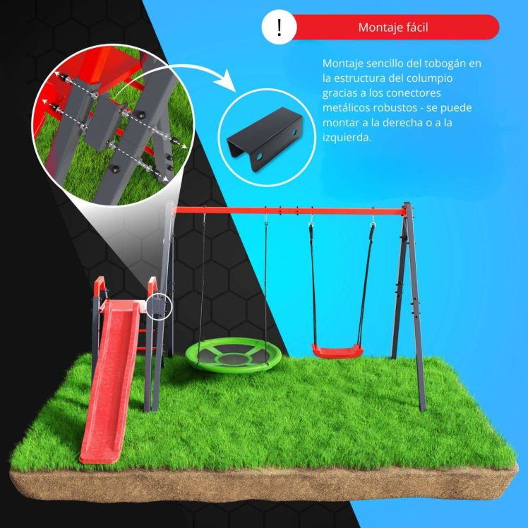 Vista detallada del robusto conector metálico del columpio infantil