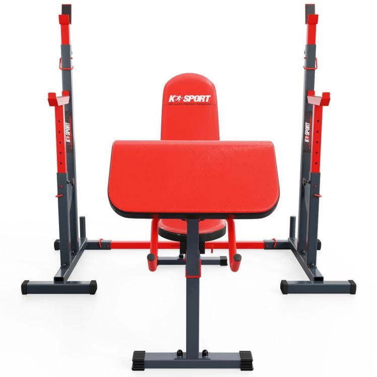 Ensemble d'entraînement avec banc de musculation + support pour haltères longs + curlpult Vue de face