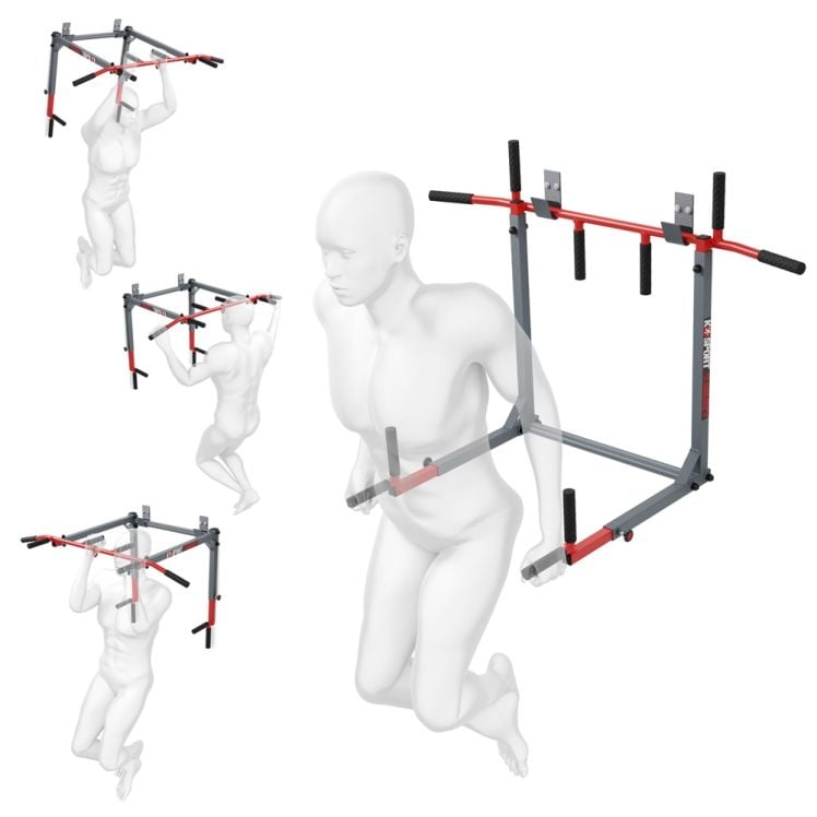 Exercices à la barre de traction + station de dips à monter au mur 2in1
