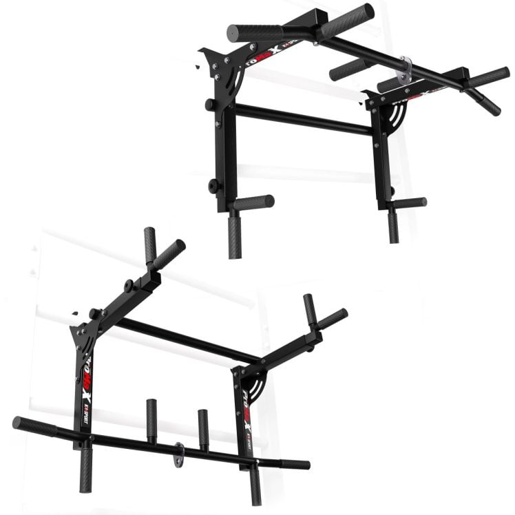 Barre de traction et station de dips 2-en-1 pour espalier, en version noire, avec plusieurs positions de prise et une structure en acier robuste
