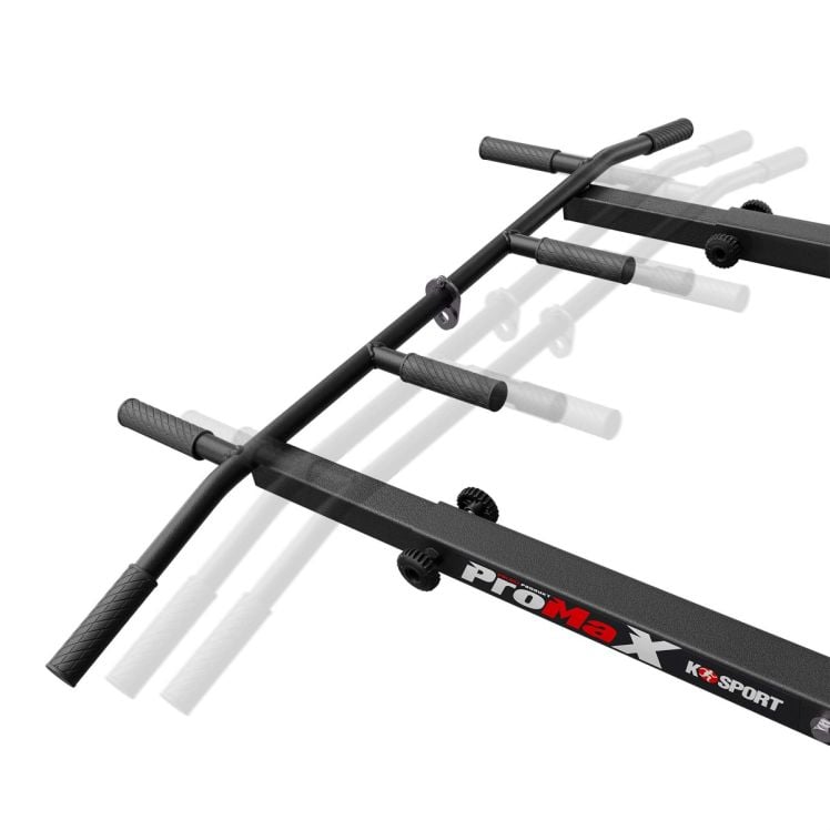 Detail van optrekstang met antislipgrepen en variabele handposities voor pull-ups