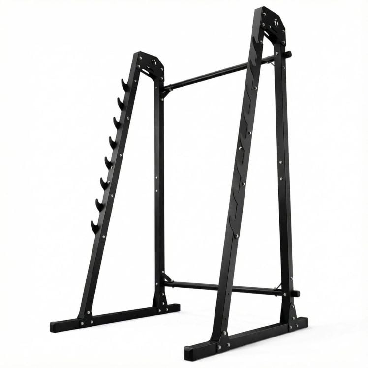 Stevig squat rack met verstelbare haltersteunen en robuuste zwarte staalconstructie