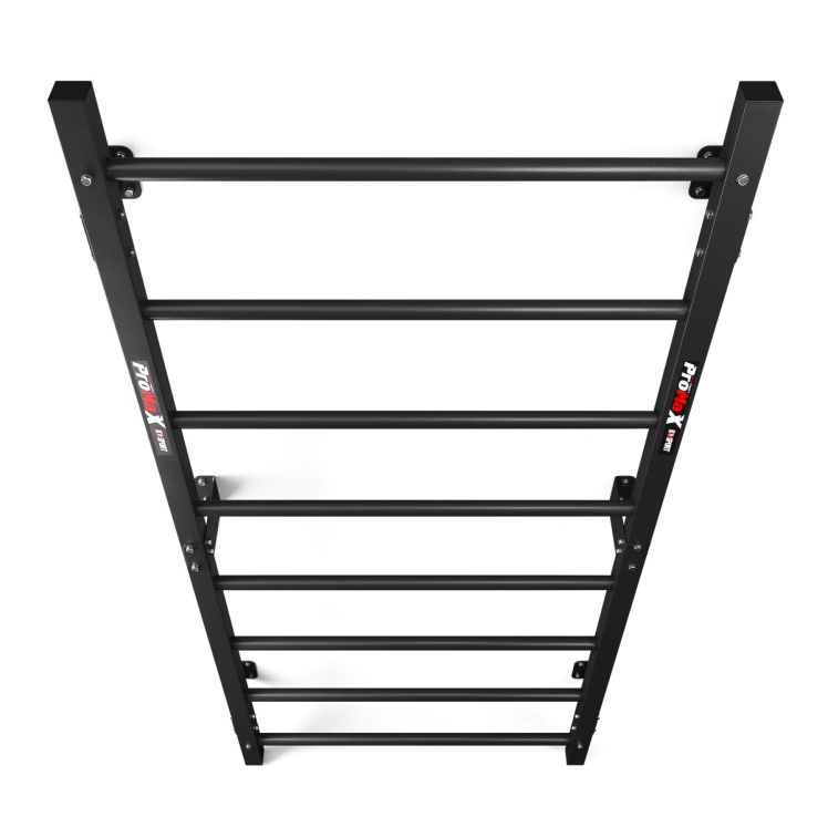 Vue de face d’un espalier noir avec 8 barreaux pour musculation à domicile