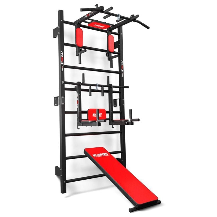 Zwart fitnesswandrek met dipstation, optrekstang en schuine trainingsbank
