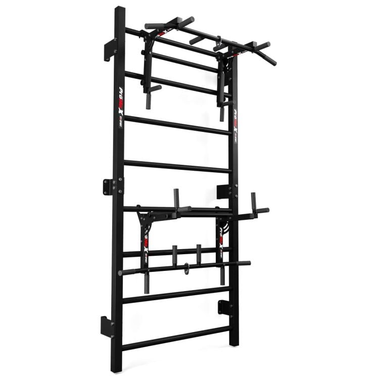 Vista generale della spalliera multifunzione con barra per trazioni/dip station e accessori
