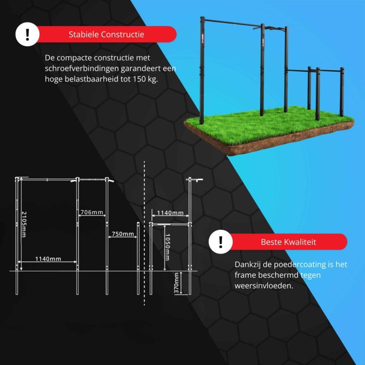 Infografiek van het outdoor fitnessrek met afmetingen, stabiele constructie en weerbestendige poedercoating