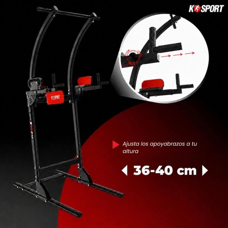 Torre de entrenamiento con reposabrazos ajustables de 36 a 40 cm y barra de dominadas