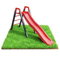 Tobogán infantil para jardín con superficie roja y estructura estable de acero visto de frente
