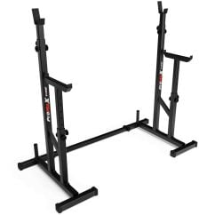 Rack de sentadillas ajustable de acero negro con dos soportes independientes y barra de conexión de seguridad para entrenamiento con barra