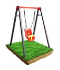 Columpio para bebés con asiento rojo y barra de seguridad amarilla, estructura metálica estable para jugar con seguridad en el jardín