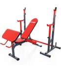 Station d'entraînement avec banc de musculation + support pour haltères longs + curlpult