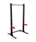 Vista lateral del K-Sport Squat Rack con marco de acero negro y ganchos en J rojos ajustables