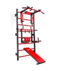 Espaldera de fitness completa con banco, estación de fondos y barra de dominadas en rojo y negro