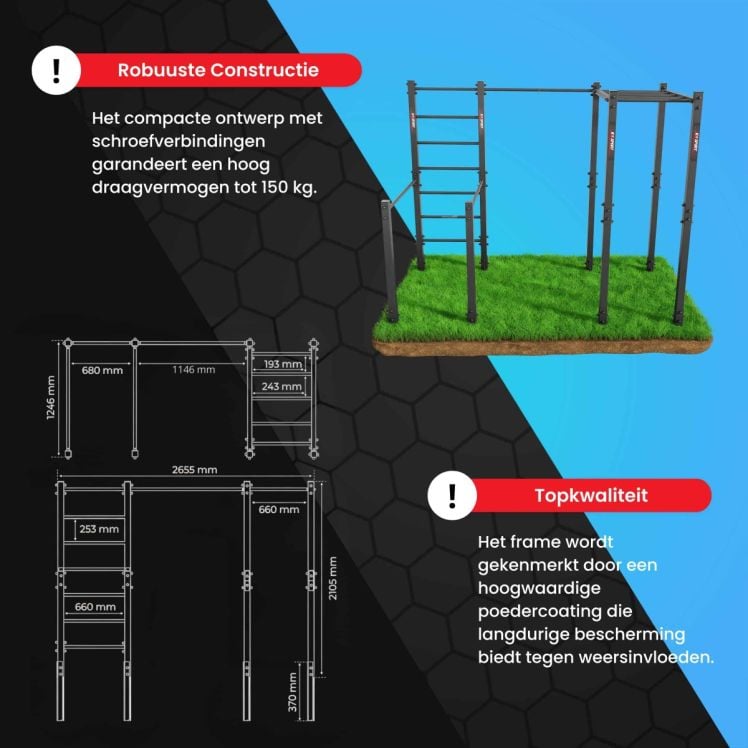 Infografiek van het outdoor calisthenics toestel met afmetingen, draagvermogen tot 150 kg en robuuste staalconstructie