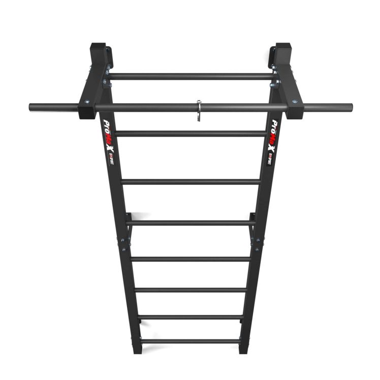 Vooraanzicht van een metalen wandrek met optrekstang voor functionele full body training