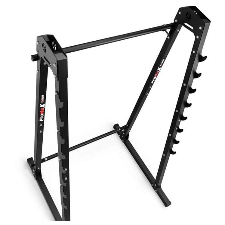 Rack squat autoportante con base larga e supporti regolabili in altezza per un allenamento sicuro