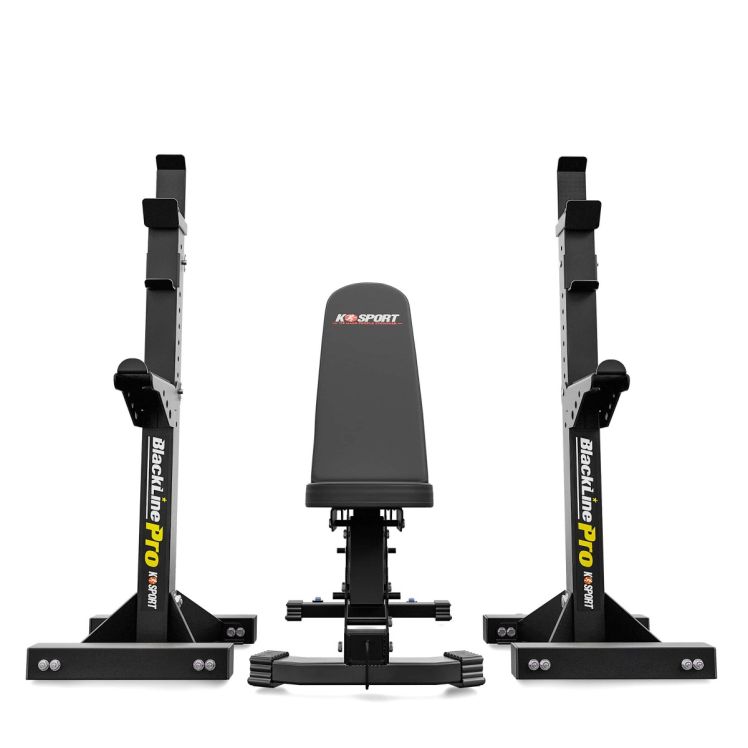 Halterbank met losse haltersteunen – vooraanzicht voor bankdrukken en full body training