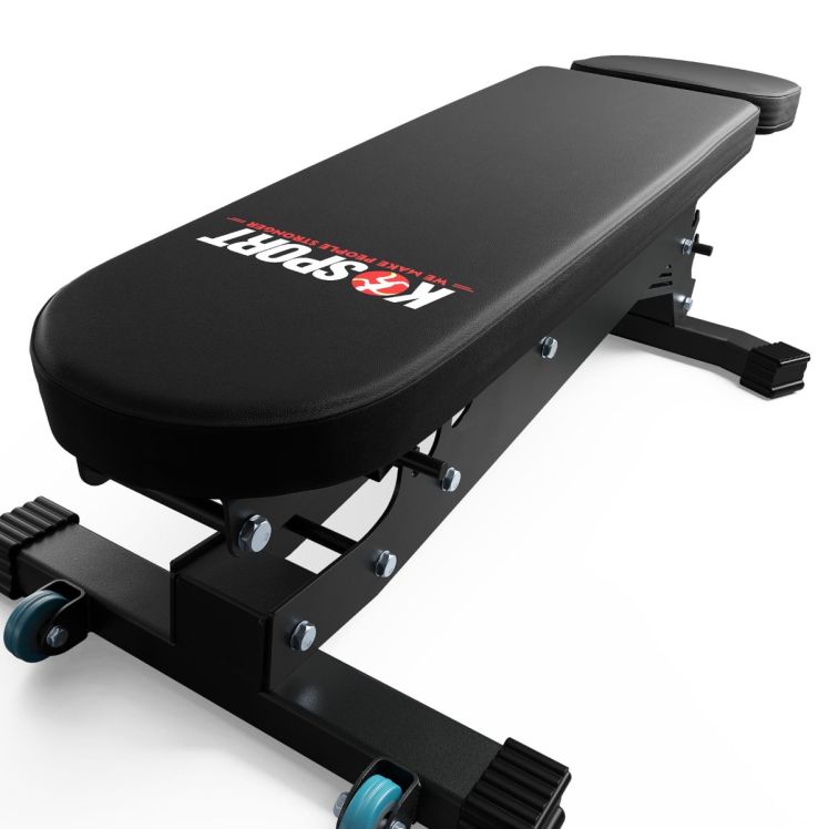 Vlakke trainingsbank met transportwielen – ruimtebesparende fitnessbank voor thuis