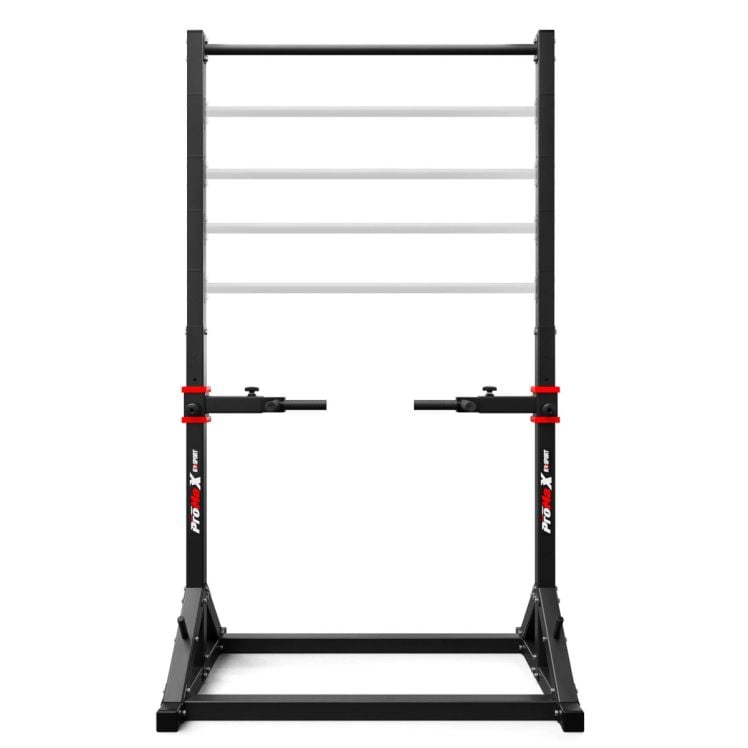 Barra de dominadas con agarres para fondos ajustables, vista frontal, estación de entrenamiento estable para casa