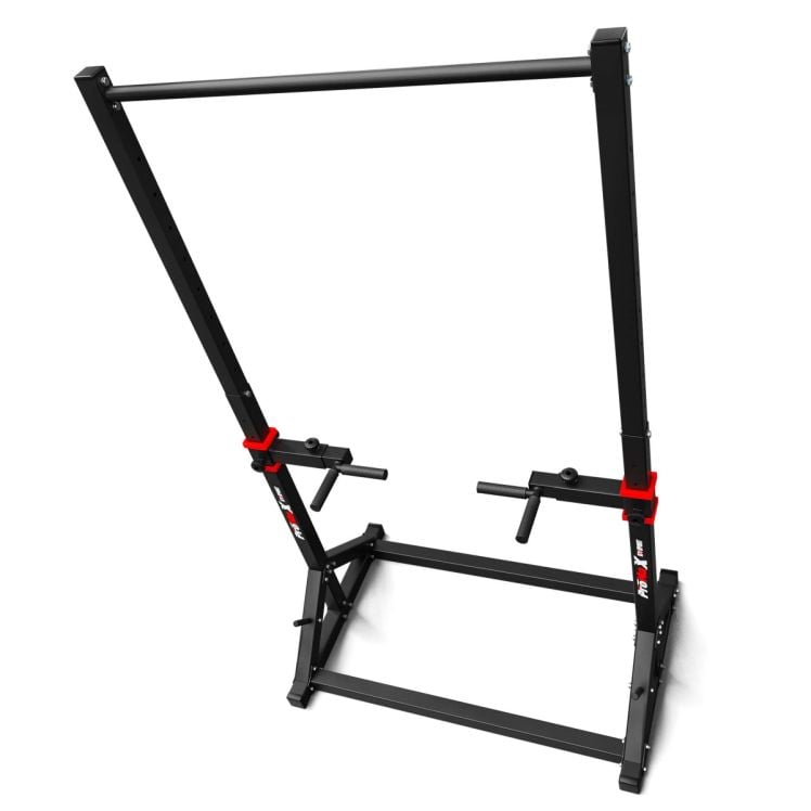 Estación multifuncional de dominadas y fondos para entrenamiento de cuerpo completo, vista lateral inclinada