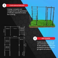Infografica dell’attrezzo calisthenics da esterno con dimensioni, portata fino a 150 kg e struttura robusta in acciaio