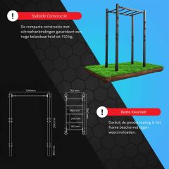 Infografiek van het outdoor monkeybar-toestel met technische tekeningen, afmetingen, belastbaarheid tot 150 kg en aanduiding van stabiele constructie