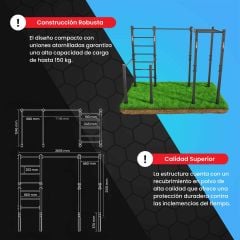 Infografía del equipo de calistenia exterior con dimensiones, capacidad de carga hasta 150 kg y estructura robusta de acero