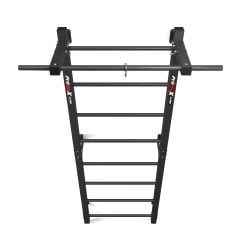 Vooraanzicht van een metalen wandrek met optrekstang voor functionele full body training