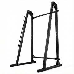 Rack squat stabile con supporti regolabili per bilanciere e struttura robusta in acciaio nero