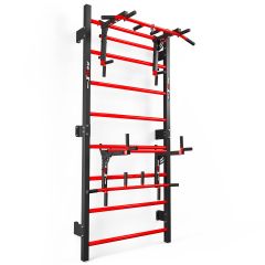 Espaldera de metal con barra de dominadas roja y estación de fondos integrada en negro y rojo