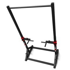 Estación multifuncional de dominadas y fondos para entrenamiento de cuerpo completo, vista lateral inclinada