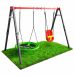 Metalen dubbele schommel met groene nestschommel en rode babyschommel op gras, stevig tuinschommelset voor kinderen