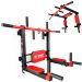 Stazione da parete 2-in-1 in rosso e nero con barra per trazioni e dip station, intercambiabile con schienale e braccioli – due viste