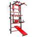 Espaldera de fitness completa con banco, estación de fondos y barra de dominadas en rojo y negro