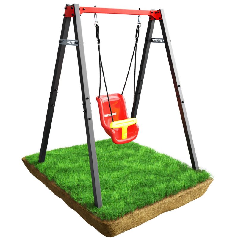 Columpio para bebés con asiento rojo y barra de seguridad amarilla, estructura metálica estable para jugar con seguridad en el jardín