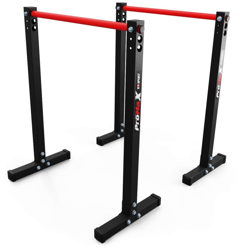 Dip-Bar von K-Sport, Vorderansicht mit roter Stange und schwarzem Rahmen