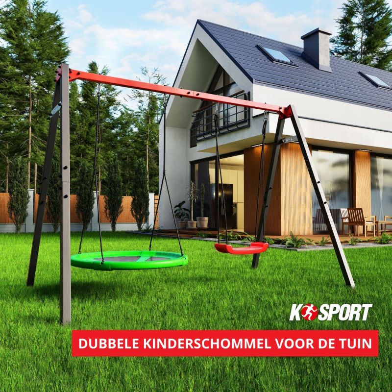 Dubbele kinderschommel voor de tuin met nestschommel en schommel