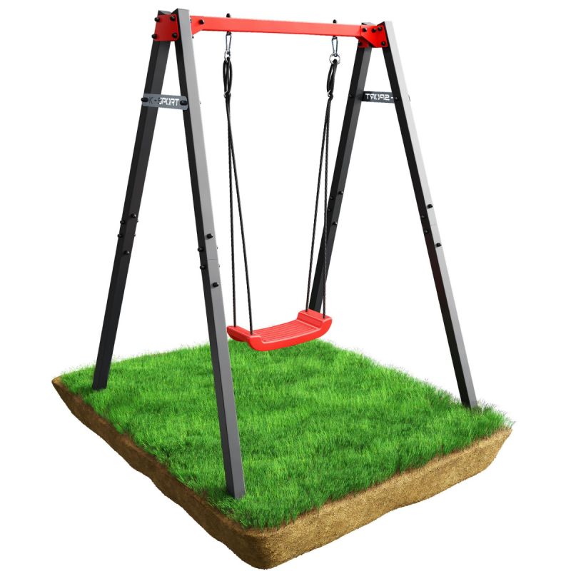 Columpio de jardín con asiento rojo, estructura metálica estable para un juego seguro al aire libre